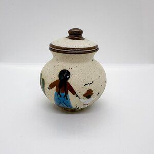 Vtg Tonala Vase Pot Lid Mexican Mother Child Handmade Folk Art Painted Family